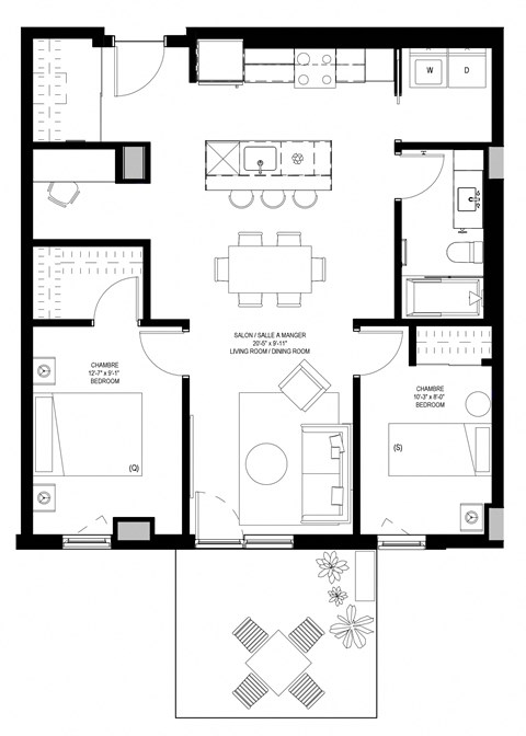 Floor plan for 2 beds, 1 bath, 884 sqft